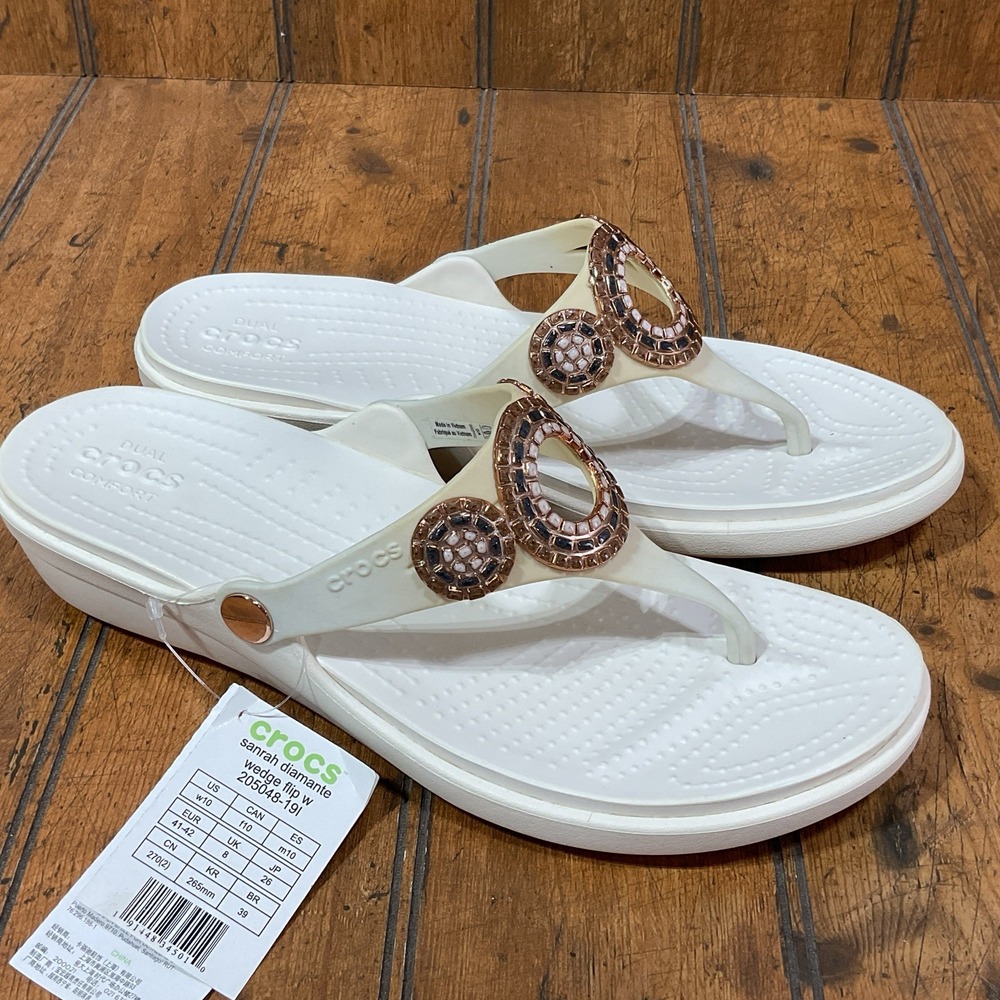 Crocs Sanrah Diamante Wedge White Oyster Rose Gold Sandals Women's Size 10 NEW